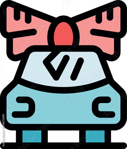 Cartoon light blue just married car with big pink bow celebrating wedding day, simple colored vector icon