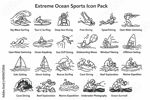 a set of black and white line art icons titled “Extreme Ocean Sports Icon Pack”