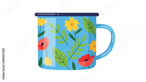 A brightly colored enamel mug decorated with cheerful floral designs