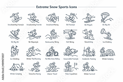 A set of black and white line art icons titled “Extreme Snow Sports Icons.” All icons are designed in a consistent minimalist style.