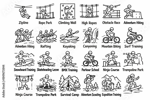 A set of black and white line art icons in a minimalist style, dedicated to adventure and extreme outdoor activities.