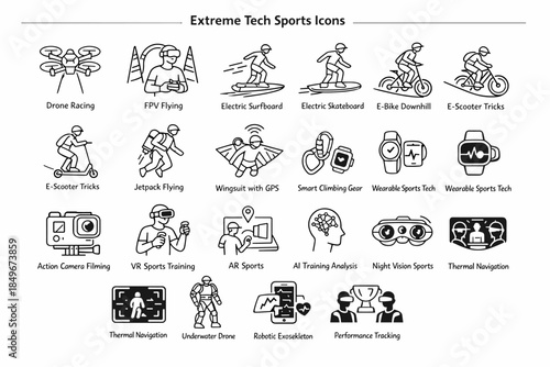 A set of simple black-and-white icons (line art) in the style of pictograms/stickers dedicated to extreme tech sports.