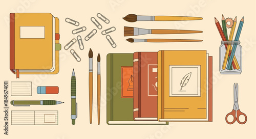 Art Supplies and Stationery Items Arranged.
