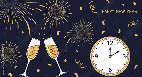 Champagne Flutes and Clock New Year.