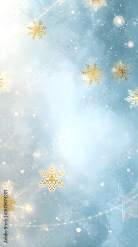 Serene Winter Blue Background with Golden Snowflakes and Soft Light