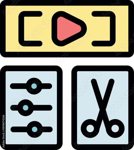 Video editing software interface featuring a play button, audio sliders, and a scissors icon, representing essential tools for video editing and post production