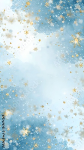 Serene Winter Blue Background with Golden Snowflakes and Soft Light