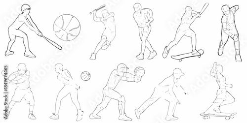 Line art illustration depicting various athletic poses and sports equipment