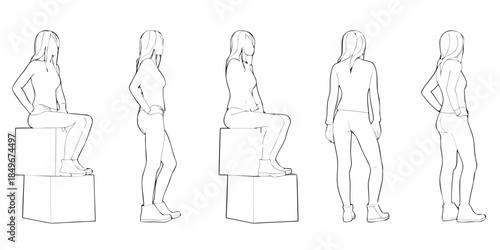 Diagram of a woman in various poses seated and standing shown in outline