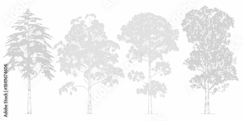 A collection of grayscale trees with varying shapes and heights