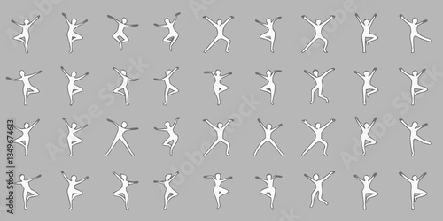 A repetitive pattern of white silhouettes performing yoga poses on gray