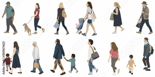 Diverse group of people walking including adults children and a dog