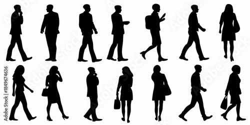 Silhouettes of people walking in various poses and business attire