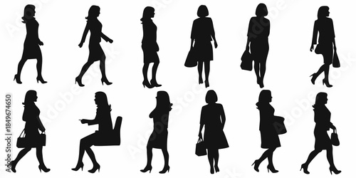 Silhouettes of fashionable women walking in varying poses and attire