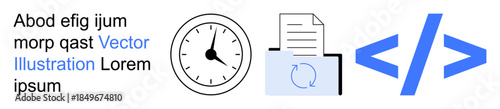 Productivity, software development, coding, time tracking, file synchronization, team collaboration. Clock and coding icon alongside files in a folder. Productivity and software development concept