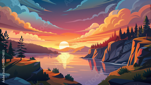 Very beautiful sunset at Devil’s Lake State Park near Baraboo, Wisconsin, featuring glowing skies, calm water, surrounding bluffs, and a peaceful evening atmosphere shaped by natural beauty.