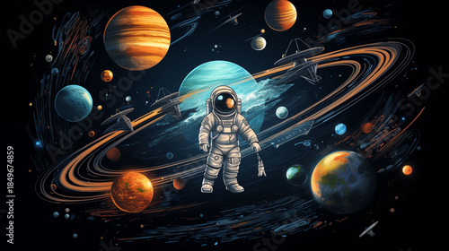 Fototapeta Naklejka Na Ścianę i Meble -  space exploration with astronaut floating, rocket ship, satellites and planets, dark starry background