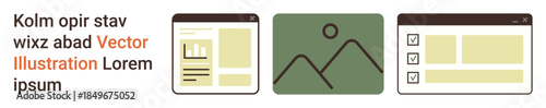 Web design, user interface layouts, organization, online presentation, digital content creation, and visual planning. Displays browser tabs with icons for text, image and checklist. Web design