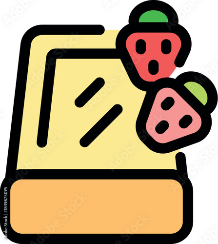 Two ripe strawberries enhance a delectable cake, promising a sweet culinary experience