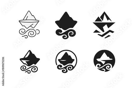 Mystical Island Logos. Mystical landscapes. Icon set. Set Logo of mystical landscapes: floating islands over a swirling cloud sea. harmonious logo variations