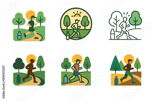 Morning Jog Logos. A person jogging in the park during the early morning, surrounded by nature. Icon set. Set Logo of a person jogging in the park during the