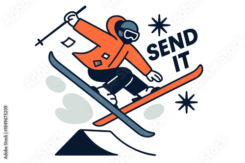 Freestyle Ski Jump. Freestyle Jump Off a Kicker. Skis cross mid-air, jacket flares, and stickers flutter like tiny flags. ?Send It? floats beside starburst