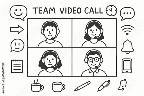 Team Video Call Doodles. Team video call. Hand-drawn doodle illustration team video call screen grid, webcam, headset, smiley faces, speech bubbles, clock,