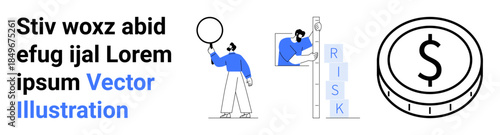 Man analyzing a circle, person climbing letters spelling RISK, and a large coin symbolizing financial focus. Ideal for finance, risk management, analysis, business strategy, investment