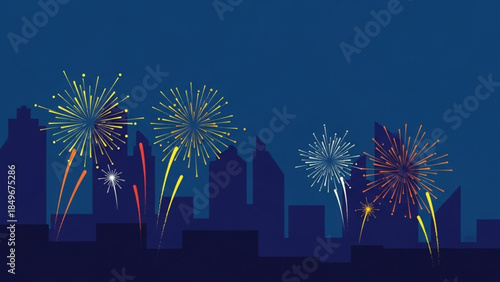 New Year Fireworks Over City Skyline Vector In Minimal Flat Style