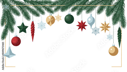 A festive Christmas frame with hanging ornaments, snowflakes, and pine branches on a white background, featuring a gold border.