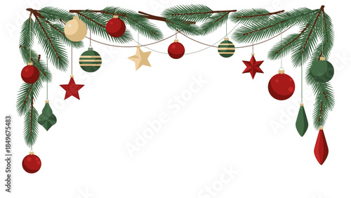 A festive Christmas frame adorned with colorful ornaments, stars, and green leaves on a white background.
