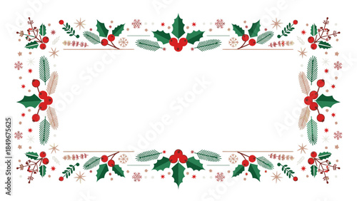 A Christmas frame decorated with holly, berries, and snowflakes on a white background, perfect for holiday greeting cards or festive invitations.