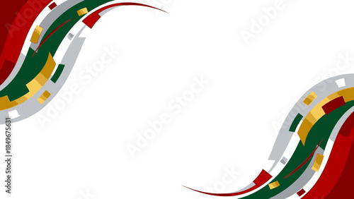 A colorful, swirling pattern of red, green, gold, silver, and white ribbons forming a festive Frame Christmas decoration against a plain white background with a shallow depth of field.