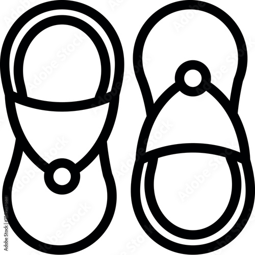 Simple black and white line art illustration of a pair of slippers, representing summer vacation fashion footwear