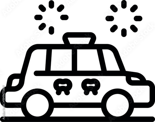 Stylish wedding car decorated with bows and siren, driving away under fireworks, symbolizing new beginnings and celebration