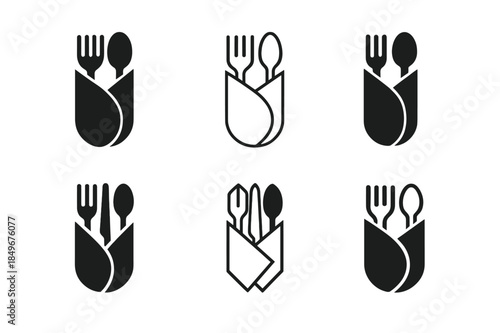 Cutlery Roll Icons. Cutlery roll. Icon set. Set Logo of cutlery roll: neatly arranged silverware bundle. harmonious logo variations of the same emblematic