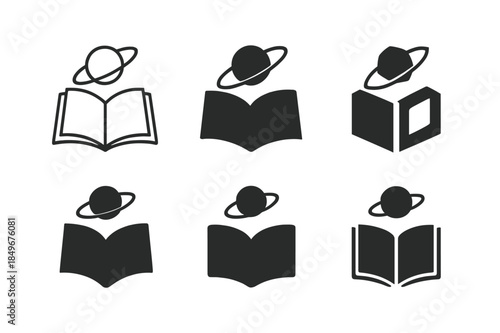 Sci-Fi Book Logos. Science fiction books. Icon set. Set Logo of sci-fi books: open book with planet orbit. harmonious logo variations of the same emblematic