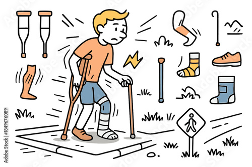Injured Walker Doodle. Injured step. Hand-drawn doodle illustration person walking (colored), uneven stride (colored), crutch (colored), cane (colored),