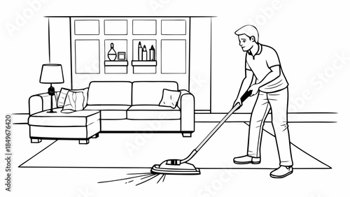 A person vacuuming the living room carpet with a vacuum cleaner in a detailed black and white outline style