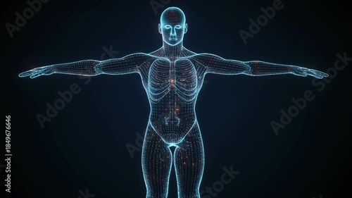 Anatomical 3D wireframe model of the human body showing internal organs and skeletal structure with a blue glowing effect, suitable for medical and scientific visualization