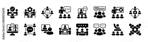 Meeting team work group vector icon set for business teamwork and corporate communication and team collaboration symbol