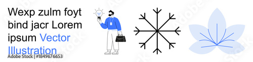 Seasonal designs, creativity, innovation, minimalism, branding, nature motifs. A professional figure holding a light bulb, a geometric snowflake and a creative flower symbol. Creativity