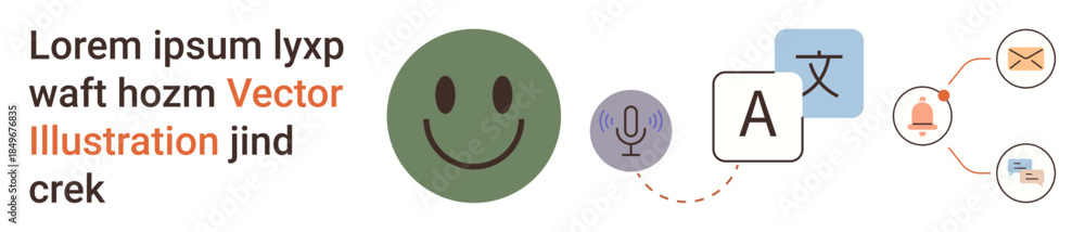 Fototapeta premium Multilingual services, translation tools, speech recognition, language apps, communication systems, digital workflow. happy face, microphone translation icons. Multilingual services and translation