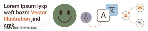 Multilingual services, translation tools, speech recognition, language apps, communication systems, digital workflow. happy face, microphone translation icons. Multilingual services and translation