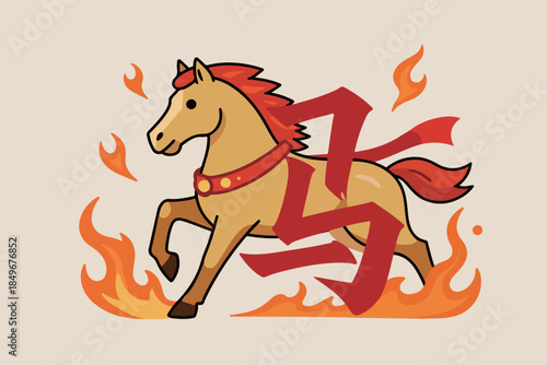 Cartoon Horse with Flames and Red Ribbon