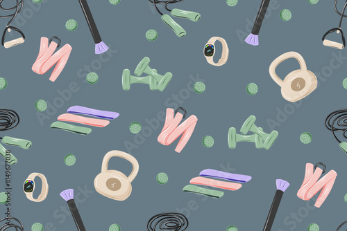 Seamless sport tools pattern with workout equipment elements. Fitness background for textile, fabric, and packaging. Collection gym accessories for yoga, jumping fitness and stepping.