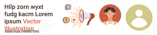 Advertising, social media engagement, user analytics, outreach programs, customer outreach, online promotions. Megaphone emitting icons and two profile characters. Advertising and social media