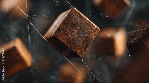 Abstract composition of wooden cubes connected by lines in a dark background