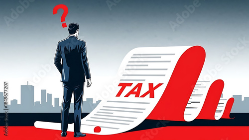 Businessman puzzled by tax document with question mark overhead