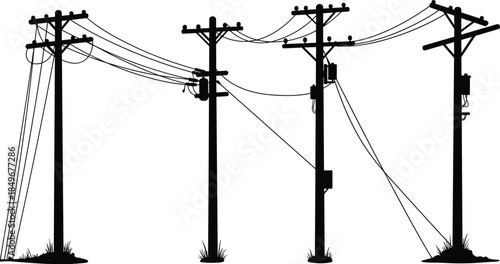Electric power poles with transformers and cables, rural electricity infrastructure silhouette, high voltage energy distribution network design, utility line illustration.